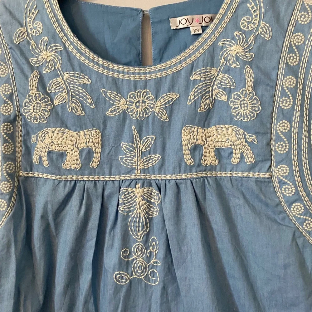 Joy Joy Blue Chambray Embroidered Elephant Boho Ruffle Hem Mini Dress XS - Picture 4 of 8